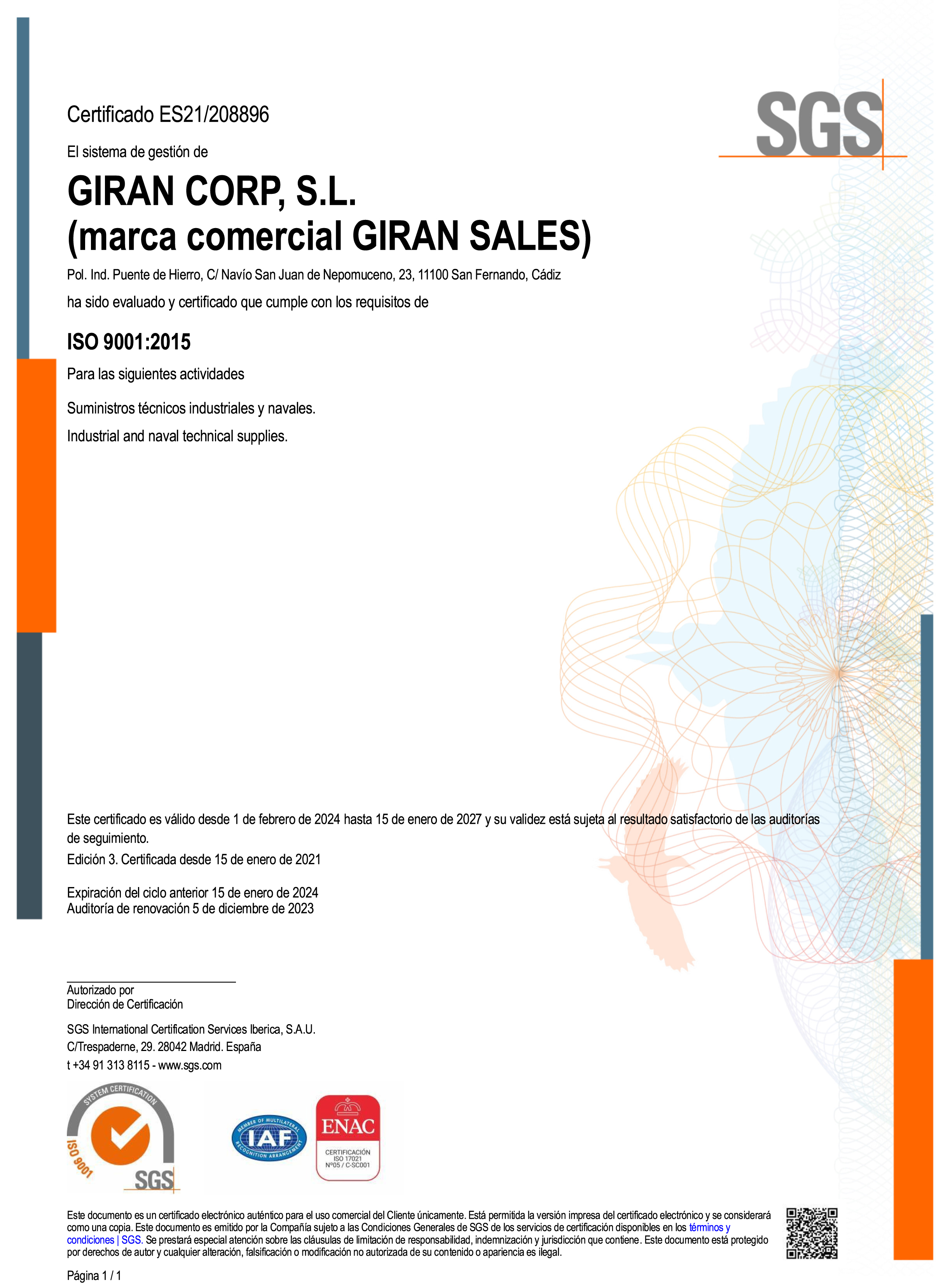 Certificado SGS ISO 9001